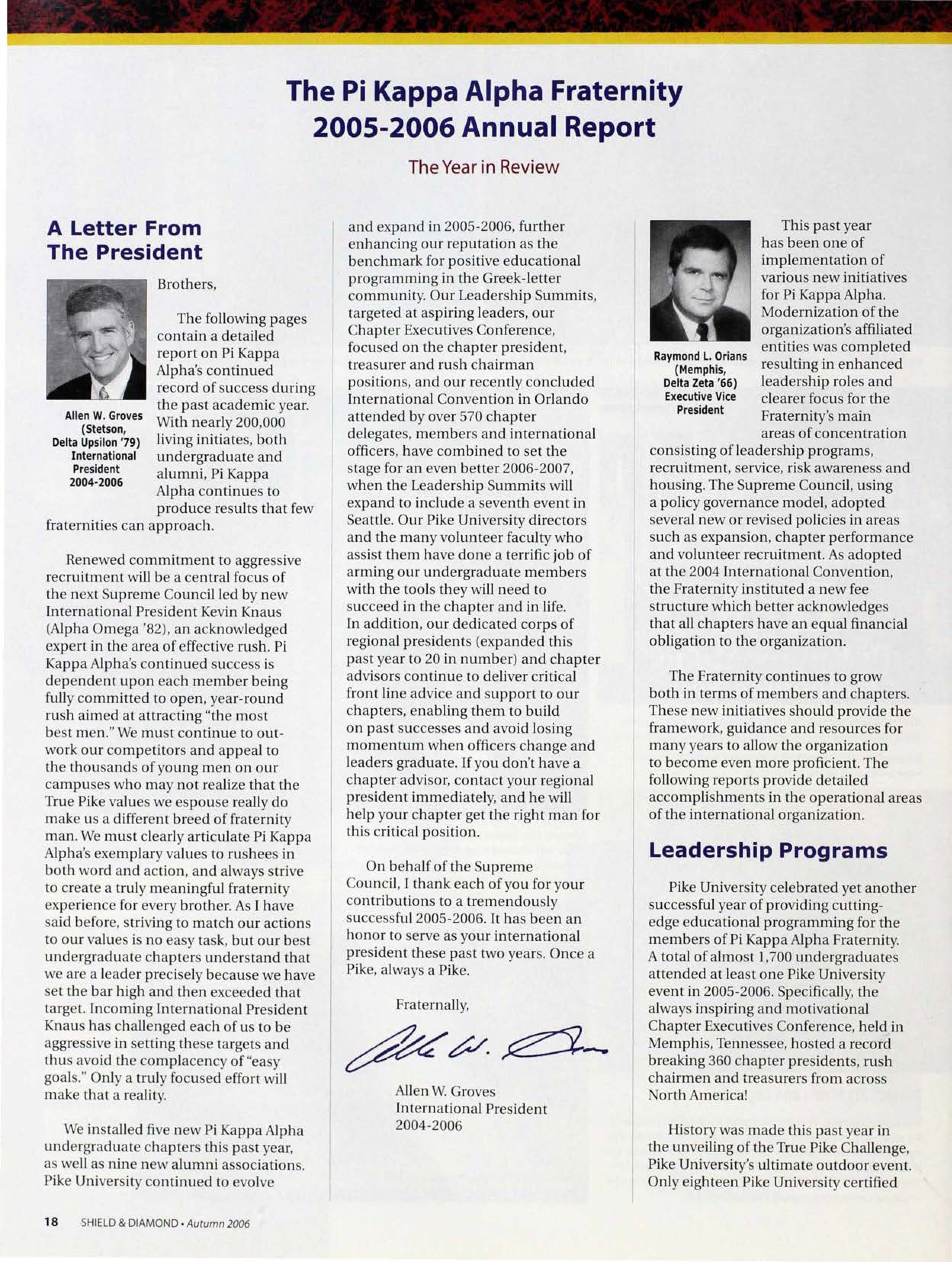 The Pi Kappa Alpha Fraternity 2005-2006 Annual Report